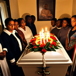 **  A Cape Verdean "Vela" (wake).  People gathered around a coffin in a home, praying and singing.  Candles are lit, and food and drink are visible. Show a strong sense of community and shared grief.

**