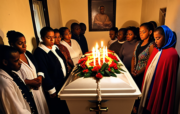 ** A Cape Verdean "Vela" (wake). People gathered around a coffin in a home, praying and singing. Candles are lit, and food and drink are visible. Show a strong sense of community and shared grief.
**