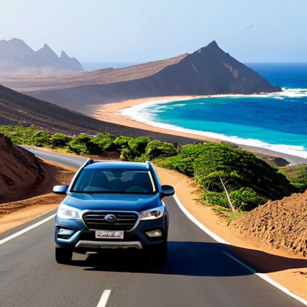 A person in modest travel attire, fully clothed, professionally driving a sturdy 4x4 vehicle on a winding, unpaved road in a scenic mountainous area of Cabo Verde. The car is moving slowly, passing by a breathtaking coastal view with the ocean in the distance under a clear sky. The atmosphere conveys a sense of freedom and exploration. Sunlight illuminates the scene, highlighting the rugged beauty of the landscape. The person is focused on the road, with a calm and natural pose. The vehicle and surroundings are well-maintained and clean. Perfect anatomy, correct proportions, well-formed hands, proper finger count, natural body proportions. High-quality professional photography, detailed, vibrant colors, cinematic lighting. safe for work, appropriate content, fully clothed, family-friendly.