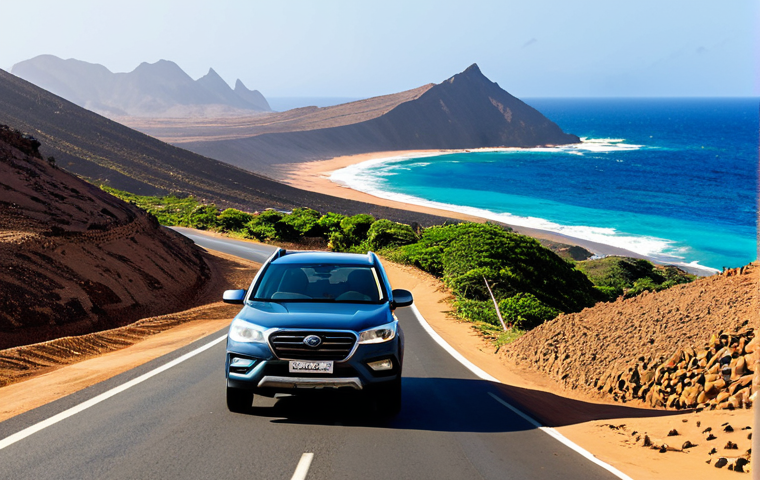 A person in modest travel attire, fully clothed, professionally driving a sturdy 4x4 vehicle on a winding, unpaved road in a scenic mountainous area of Cabo Verde. The car is moving slowly, passing by a breathtaking coastal view with the ocean in the distance under a clear sky. The atmosphere conveys a sense of freedom and exploration. Sunlight illuminates the scene, highlighting the rugged beauty of the landscape. The person is focused on the road, with a calm and natural pose. The vehicle and surroundings are well-maintained and clean. Perfect anatomy, correct proportions, well-formed hands, proper finger count, natural body proportions. High-quality professional photography, detailed, vibrant colors, cinematic lighting. safe for work, appropriate content, fully clothed, family-friendly.