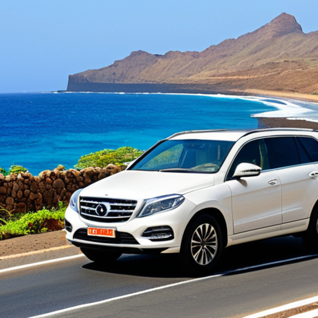 Cape Verde Coastal Road**
"A fully clothed traveler in appropriate attire driving a modest SUV on a coastal road in Cape Verde, ocean view, daytime, clear skies, safe for work, perfect anatomy, natural proportions, professional photography, high quality, family-friendly, appropriate content, fully clothed, professional."
**