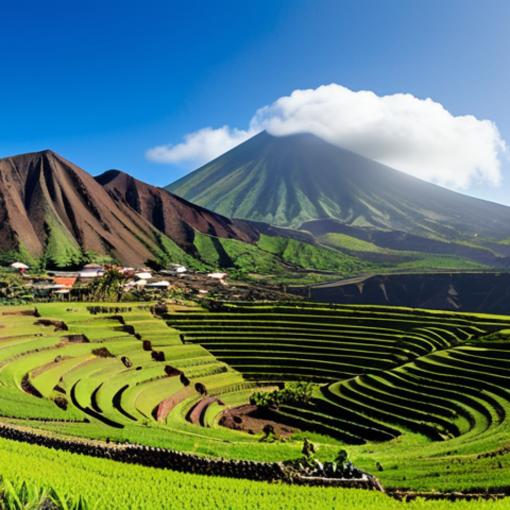 **
"A panoramic view of the Fogo volcano in Cabo Verde, showcasing its vast crater and surrounding landscape. In the foreground, terraced fields with local farmers tending to crops such as coffee and grapes. Modest village homes are scattered along the slopes. The sky is clear with soft sunlight. The overall scene is family-friendly and depicts a harmonious blend of nature and agriculture. Safe for work, appropriate content, fully clothed. Perfect anatomy, correct proportions, natural pose, professional photography, high quality."
**