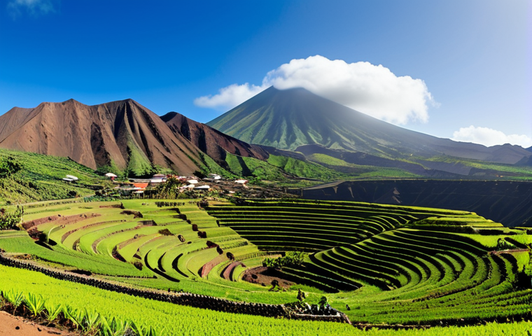 **
"A panoramic view of the Fogo volcano in Cabo Verde, showcasing its vast crater and surrounding landscape. In the foreground, terraced fields with local farmers tending to crops such as coffee and grapes. Modest village homes are scattered along the slopes. The sky is clear with soft sunlight. The overall scene is family-friendly and depicts a harmonious blend of nature and agriculture. Safe for work, appropriate content, fully clothed. Perfect anatomy, correct proportions, natural pose, professional photography, high quality."
**