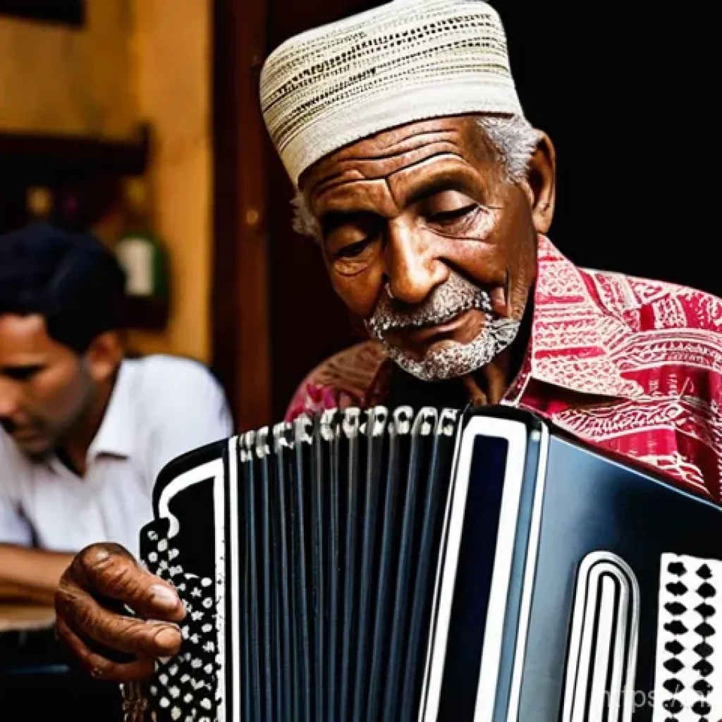 카보베르데 푸나나 음악 역사 - **Prompt 1: "A soulful traditional Funaná performance in a rustic Cape Verdean cafe.** An elderly, c...