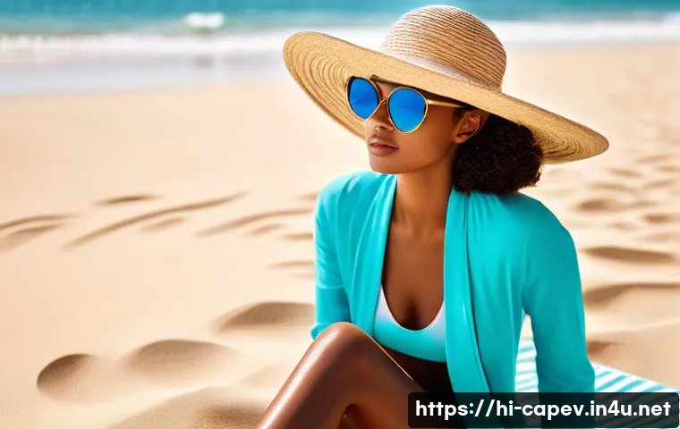 카보베르데 여행 중 건강 관리 - **Prompt:** "A person on a sun-drenched beach in Cabo Verde, demonstrating effective sun and hair pr...